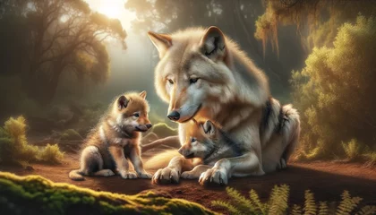 Foto op Aluminium A photo-realistic image capturing a tender moment between a wolf and its pups, showcasing their social bonds and interactions. © FantasyLand86