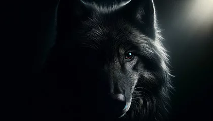 Deurstickers A photo-realistic image of a black wolf partially in shadow, highlighting the texture of its fur and the depth of its dark eyes. © FantasyLand86