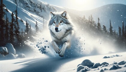 Naklejka premium A photo-realistic image of a wolf running through deep snow, capturing the motion and the power of its movement.