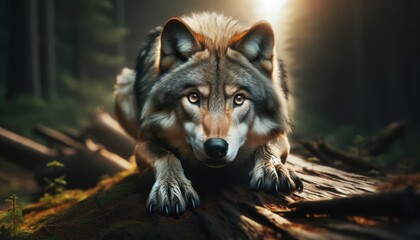 A photo-realistic image of a wolf stalking prey, from a low angle, showing intense focus in its eyes, emphasizing the predator-prey dynamic. - Powered by Adobe