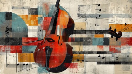 Classical musical instruments on  background with music notes. Artistic illustration. Ai generative. - obrazy, fototapety, plakaty
