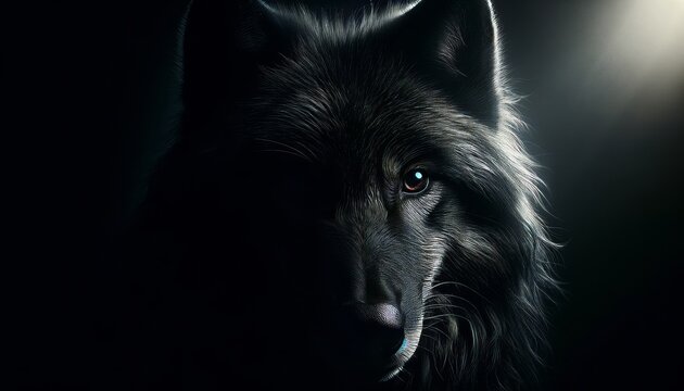 A photo-realistic image of a black wolf partially in shadow, highlighting the texture of its fur and the depth of its dark eyes.