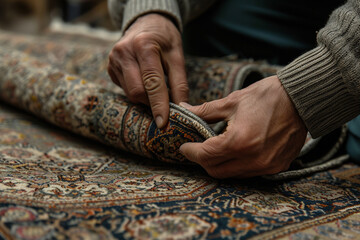 close-up shot of a carpet salesman's hands expertly unraveling a carpet to showcase its design and texture, highlighting craftsmanship and attention to detail