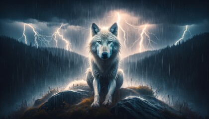 A photo-realistic image of a wolf in a thunderstorm, capturing the intensity of nature and the wolf's wild spirit. - obrazy, fototapety, plakaty