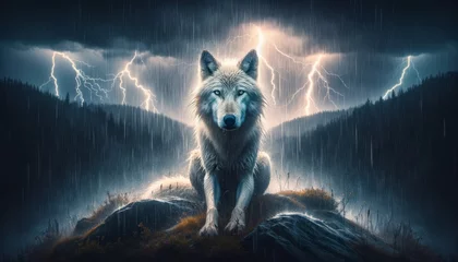  A photo-realistic image of a wolf in a thunderstorm, capturing the intensity of nature and the wolf's wild spirit. © FantasyLand86