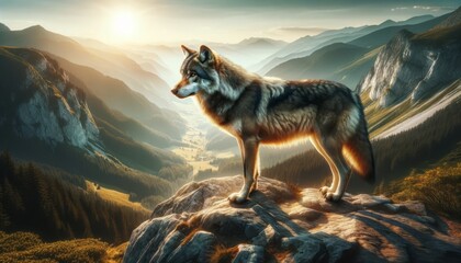 A photo-realistic image of a wolf standing on a rocky ledge overlooking a valley, showcasing its dominion over the landscape.