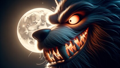 A close-up of a werewolf's snarling face under a full moon, illustrated in a whimsical animated art style with a 16_9 ratio.