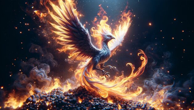 A detailed, close or medium shot of a phoenix reborn from ashes in a whimsical animated art style.