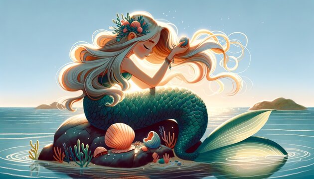 A mermaid resting on a rock, combing her hair with a piece of coral, depicted in a whimsical animated art style with a 16_9 ratio.