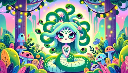 Obraz na płótnie Canvas A whimsical, animated-style art of Medusa in a serene moment, focusing on a wide 16_9 ratio scene.