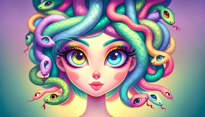 Fototapeta premium A whimsical, animated-style art of Medusa in a close-up, capturing the complexity of her gaze, in a wide 16_9 ratio.