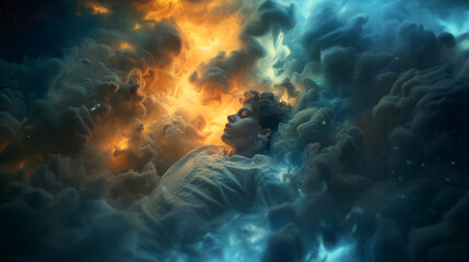 Fototapeta na wymiar Young man sleeping on clouds having a restful sleep