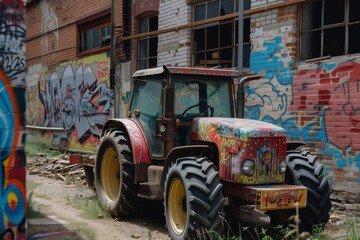 tractor with street art graffiti, urban setting
