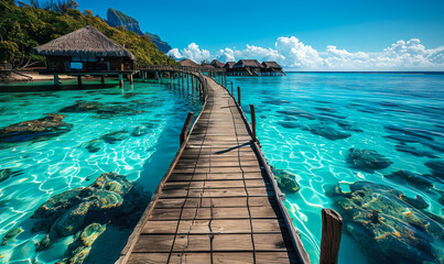 Naklejka premium Serene tropical paradise with a wooden pier leading to overwater bungalows in a crystal-clear turquoise sea against a vibrant blue sky