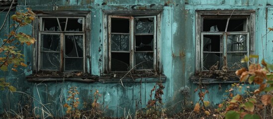 Abandoned house in Chernobyl's radioactive zone with two old, rusty windows and shattered glass.