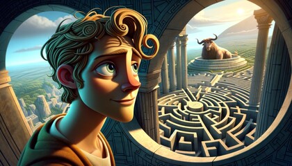 A whimsical, animated art style depiction of Daedalus looking over the labyrinth, a mix of pride and sorrow in his expression.