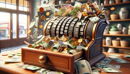 An image of a whimsical animated cash register drawer that won’t close because it's overflowing with money. - obrazy, fototapety, plakaty