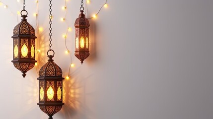 Eid mubarak with a islamic decorative frame pattern with decorative mini lamp and beauty lantern on a light ornamental background. You can put your text here. - obrazy, fototapety, plakaty