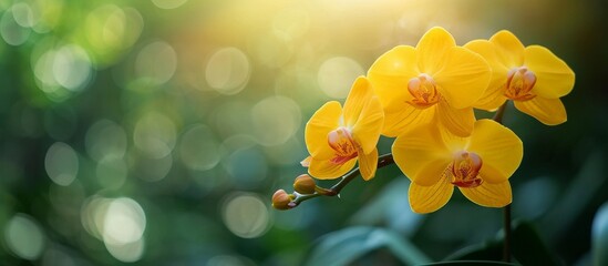 Fototapeta premium A macro photograph capturing the vibrant yellow petals of a terrestrial plant, the orchid, with the sun's rays illuminating the leaves.