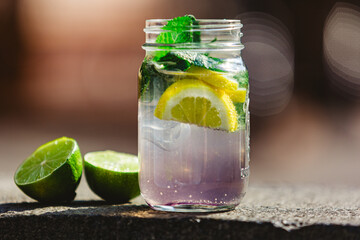 Glass of lime lemonade. Summer refreshing drinks.