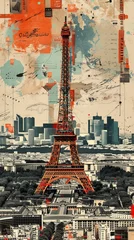 Selbstklebende Fototapeten Contemporary style minimalist artwork collage illustration of Tour Eiffel Paris. Ai generative. © viking75
