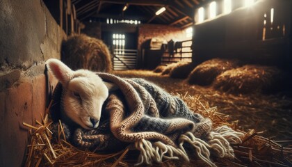 A lamb in a barn, cuddled up with a woolen shawl, the setting is a rustic and warmly lit barn...