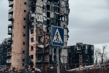 Fototapeta premium destroyed and burned houses in the city Russia Ukraine war