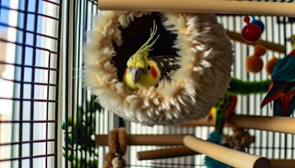 A cockatiel inside a bird-safe, fluffy lined nest, the setting is a spacious cage with a variety of perches, toys, and natural foliage, creating a sti. - obrazy, fototapety, plakaty