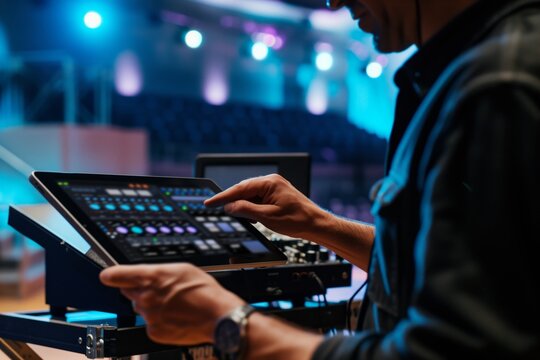 man using a tablet to control av equipment in a hall