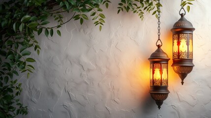 Image of lanterns hangs over white background with  leaves. Suitable for design element of Ramadan Kareem greeting template. Ramadan Kareem theme background template. You can put your text here.