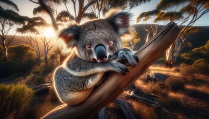 A detailed and focused image of a koala napping on a branch in the Australian bush.