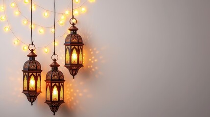 Obraz premium Eid mubarak with a islamic decorative frame pattern with decorative mini lamp and beauty lantern on a light ornamental background. You can put your text here.