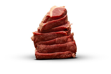 steaks stacked, raw beef steaks on a white background