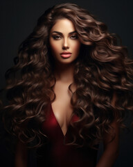 Fototapeta premium Brunette girl with long and shiny curly hair . Beautiful model woman with wavy hairstyle