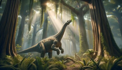An Apatosaurus reaching for high leaves in a sun-dappled forest, the dinosaur is highly detailed...