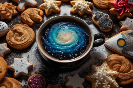 galaxy coffee art surrounded by spacethemed cookies
