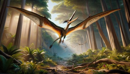 A Quetzalcoatlus landing in a Cretaceous forest clearing, the giant pterosaur is depicted with stunning detail, showcasing its enormous wingspan and d. - obrazy, fototapety, plakaty