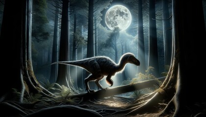 A Troodon exploring a nocturnal forest under a full moon, the dinosaur is depicted with remarkable...