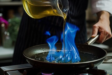 chef pouring oil into a frypan, causing blue flames to dance - obrazy, fototapety, plakaty