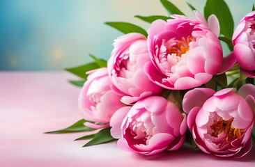 pink peonies closeup on pastel background