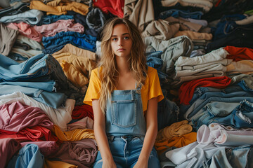 Fototapeta na wymiar A young girl is overwhelmed with a pile of clothes. Overconsumption problem concept