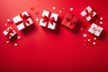 Festive surprise. Top view of gift boxes decorated with bright red ribbon, surrounded by confetti, on a rich background. Ideal for your proposals.