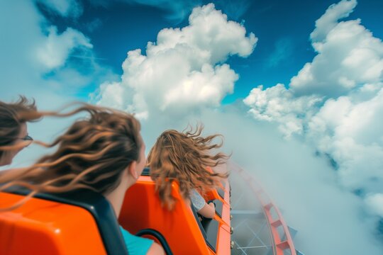 people with hair blowing back on rollercoaster surrounded by clouds