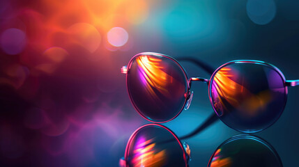sunglasses on a colored background with a holographic gradient, neon bokeh, empty space for text