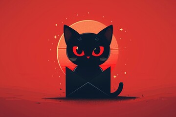 Charming chibi cat with big, sparkling eyes centered on a red lucky envelope symbolizing prosperity and good fortune in a delightful flat logo illustration - obrazy, fototapety, plakaty