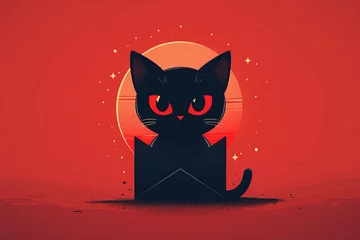 Foto op Canvas Charming chibi cat with big, sparkling eyes centered on a red lucky envelope symbolizing prosperity and good fortune in a delightful flat logo illustration © Silvana