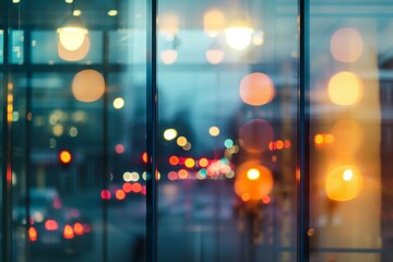 street lights and traffic blurred in office glass reflection