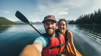 Couple's Selfie Adventure on a Kayak, summer relax - obrazy, fototapety, plakaty