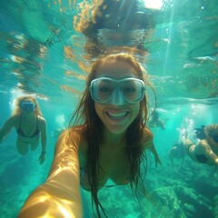 Fototapeta premium group of women underwater taking selfie, in the style of expressive movement
