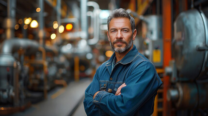 Fototapeta premium Confident Male Industrial Engineer with Arms Crossed Standing in a Manufacturing Plant. machine on background. Industrial Leadership Concept.